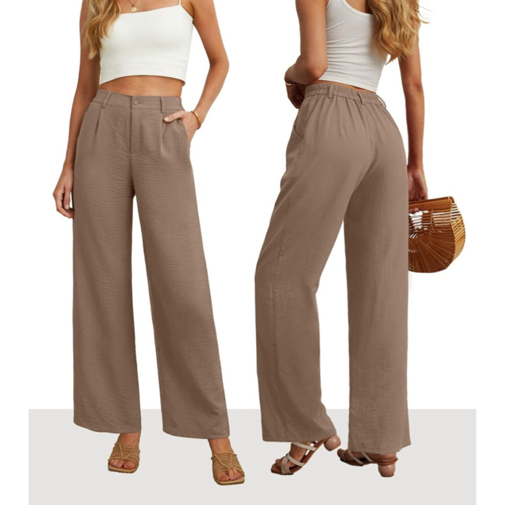 Light Tan Casual Wide Leg Pants High Waisted Button Down Straight Long Trousers - Picture 6 of 7